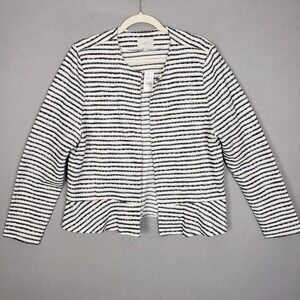 LOFT Peplum Hem Open Front Jacket Cream Blue Tweed Stripe Blazer L 513899
